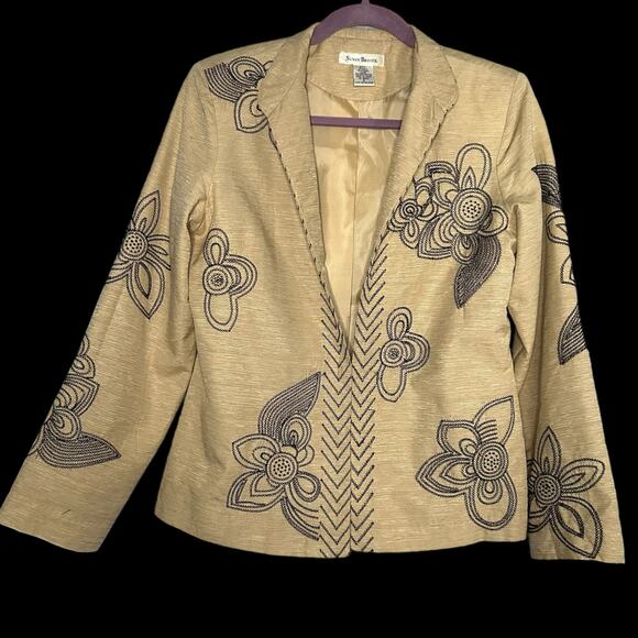 Vintage Silk Blend Tan‎ Blazer with Black Floral Embroidery Size S - Picture 1 of 5